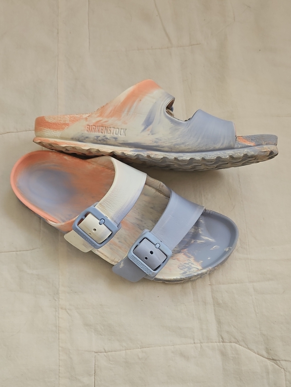 Birkenstock Arizona EVA EU 37 6.5 Slides - Light Blue, Peach, White Marble